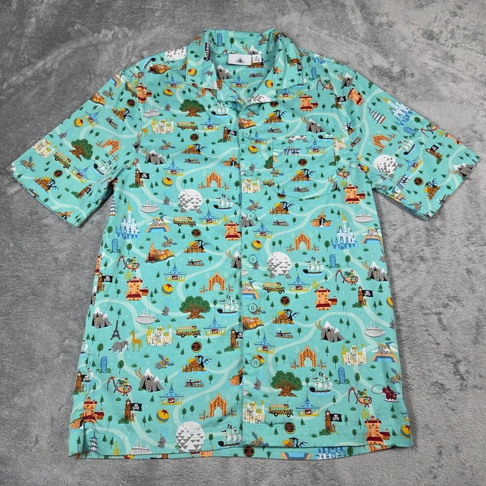 Disney Parks Shirt Mens Small Attraction Ride Icons Hawaiian Camp AOP Button Up